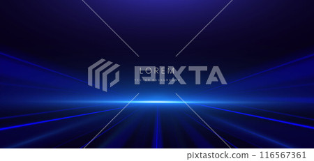 Scene futuristic neon glowing blue light ray. Hi-speed motion moving concept on dark blue background. Scene futuristic neon glowing blue light ray. Hi-speed motion moving concept on dark blue background. 116567361
