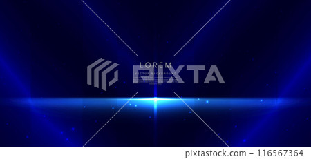 Abstract futuristic glowing blue neon light lines with speed motion moving on dark blue background. Abstract futuristic glowing blue neon light lines with speed motion moving on dark blue background. 116567364