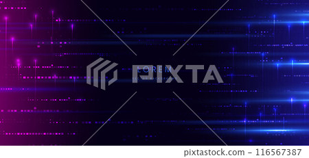 Abstract technology futuristic glowing neon blue and pink light lines with speed motion moving on dark blue background with lighting effect. Abstract technology futuristic glowing neon blue and pink light lines with speed motion moving on dark blue background with lighting effect. 116567387
