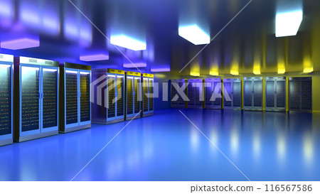 Server room. Server data center. Backup, mining, hosting, mainframe, farm and computer rack with storage information. 3d rendering 116567586