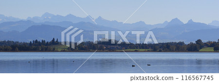 Lake Pfaeffikon and mountains seen from Pfaeffikon, Switzerland. 116567745