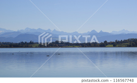 Lake Pfaeffikon and mountain ranges, Switzerland. Lake Pfaeffikon and mountain ranges, Switzerland. 116567748