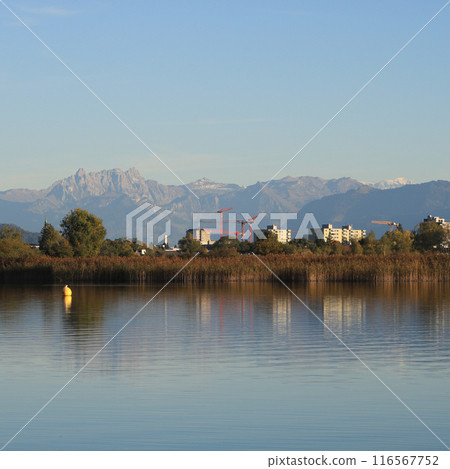 Wetzikon, shore of Lake Pfaeffikersee and mountain ranges. 116567752