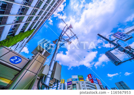 Tokyo cityscape in Japan in July. View of loudspeakers at the east exit of Ikebukuro Station (on the street at the east exit of Ikebukuro Station) on the 5th 116567953