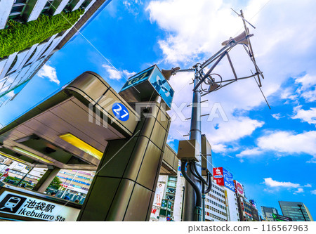 Tokyo cityscape in Japan in July. View of loudspeakers at the east exit of Ikebukuro Station (on the street at the east exit of Ikebukuro Station) on the 5th 116567963