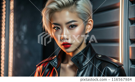 Woman with short blonde hair, black leather jacket, red lipstick 116567984