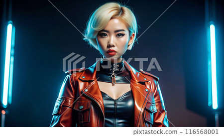 woman in leather jacket and black top standing in dark room 116568001