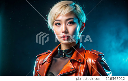 A woman wearing a leather jacket is standing inside a dimly lit room 116568012