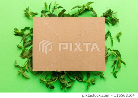 Wreath frame made of empty paper blank with space for text and mint leaves on colored background. . Mint Pattern. Flat lay. Top view Wreath frame made of empty paper blank with space for text and mint leaves on colored background. . Mint Pattern. Flat lay. Top view 116568104