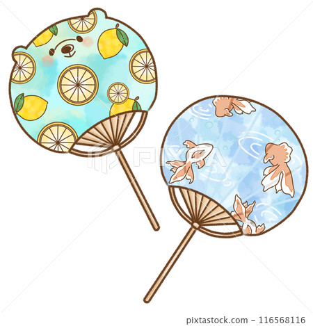 Goldfish pattern fan and lemon pattern fan 116568116