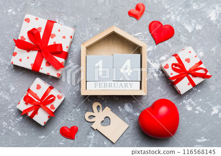 Valentine Day theme with wooden block calendar. Greeting card template for Valentines Day copy space for text Valentine Day theme with wooden block calendar. Greeting card template for Valentines Day copy space for text 116568145