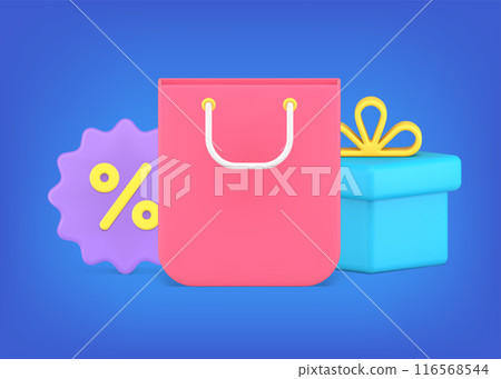 Paper shopping bag with festive gift box and discount percentage 3d icon vector illustration 116568544