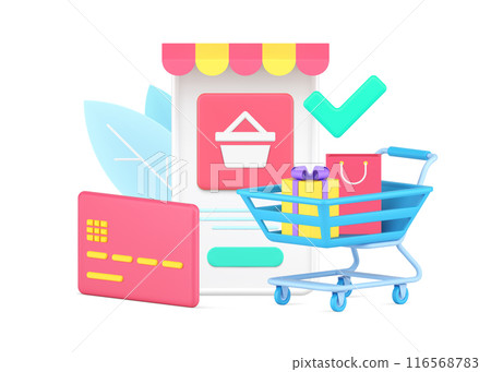 Shopping complete with trolley full of bag gift near credit card for contactless payment transaction Shopping complete with trolley full of bag gift near credit card for contactless payment transaction 116568783