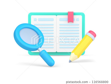 Reading book with magnifying glass and pencil for excretion important information 3d icon isometric 116568800