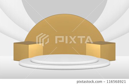 Luxury realistic golden pedestal geometric shape circle podium with stairs and cubes template vector Luxury realistic golden pedestal geometric shape circle podium with stairs and cubes template vector 116568921