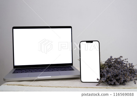 Bouquet of dry lavender Computer, laptop and smartphone, display. on white background workspace mock up design.  116569088