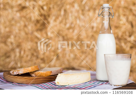 Milk bottle, slices of fresh wheat bread and brie on hay 116569108