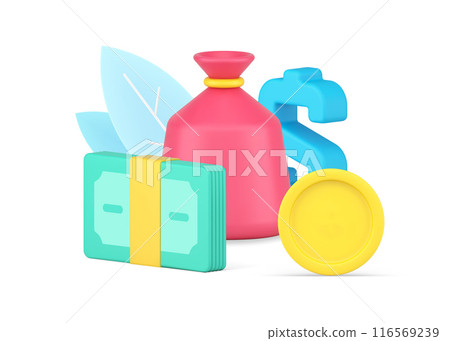 Financial independence, richness and business wealth with sack of money, stack of currency 116569239