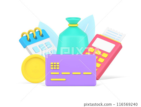 Regular monthly financial payment with sack of money golden coins and calendar reminder 3d icon Regular monthly financial payment with sack of money golden coins and calendar reminder 3d icon 116569240