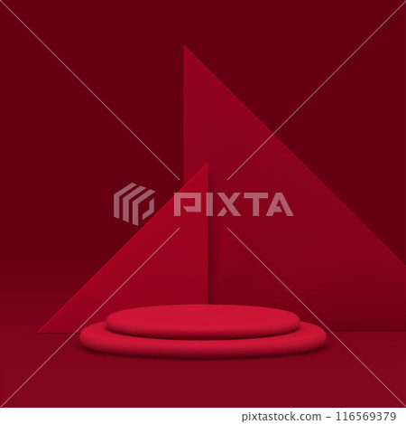 Red 3d cylinder podium pedestal with triangle wall background realistic vector illustration 116569379