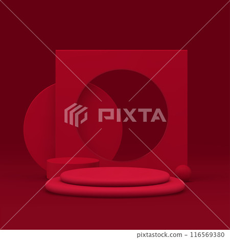 3d red cylinder podium pedestal with frame hole wall background realistic vector illustration 116569380