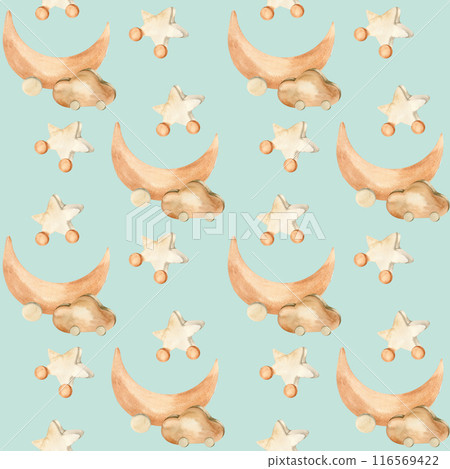 Watercolor wooden moon, cloud and star on wheels seamless kid's pattern on pastel green mint. Hand drawn children style background, eco boho pLaying toys for textile, fabric design. Wallpaper, Watercolor wooden moon, cloud and star on wheels seamless kid's pattern on pastel green mint. Hand drawn children style background, eco boho pLaying toys for textile, fabric design. Wallpaper, 116569422