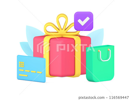 Buying goods purchase complete with checkmark celebrating holiday 3d icon isometric vector 116569447