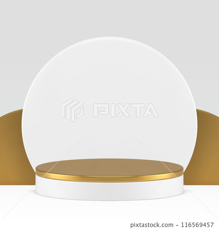Luxury 3d golden podium pedestal with white circle wall background realistic vector illustration 116569457