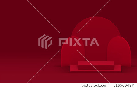 Red 3d podium pedestal geometric stand with semi circle wall background realistic vector Red 3d podium pedestal geometric stand with semi circle wall background realistic vector 116569487
