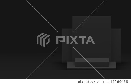 Black 3d podium pedestal fashion display mock up for product show presentation realistic vector Black 3d podium pedestal fashion display mock up for product show presentation realistic vector 116569488