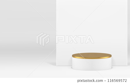 White showroom 3d golden podium pedestal with wall background realistic vector illustration White showroom 3d golden podium pedestal with wall background realistic vector illustration 116569572