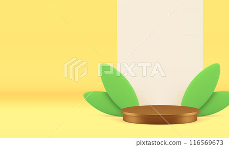 Summer golden 3d podium pedestal with green leaves luxury showcase realistic vector 116569673