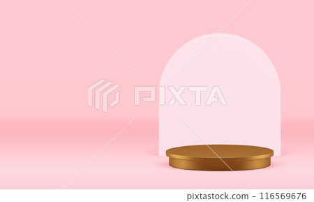 Luxury golden 3d podium pedestal with semi circle wall background realistic vector illustration Luxury golden 3d podium pedestal with semi circle wall background realistic vector illustration 116569676
