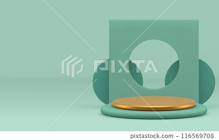 Golden luxury 3d podium pedestal with green geometric wall background realistic vector 116569708