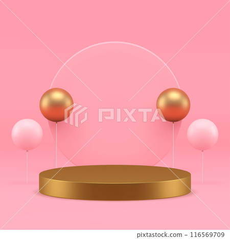 Pink luxury 3d cylinder podium pedestal with air balloon festive showroom realistic vector Pink luxury 3d cylinder podium pedestal with air balloon festive showroom realistic vector 116569709