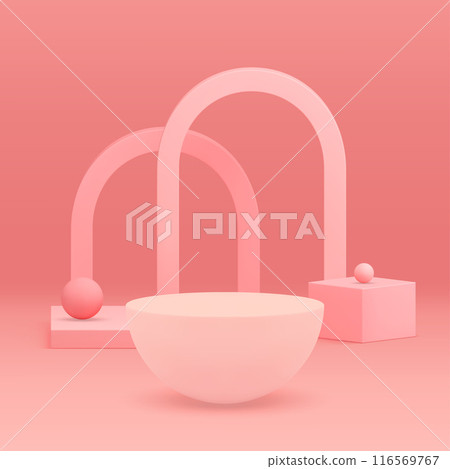 Pink 3d hemisphere podium pedestal with arch wall background realistic vector illustration Pink 3d hemisphere podium pedestal with arch wall background realistic vector illustration 116569767