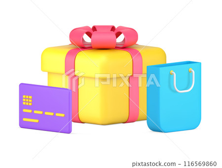 Promotion special offer of store boutique festive gift box and paper shopping bag paying credit card 116569860