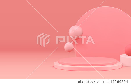 Pink festive 3d showroom podium with air balloon for shopping sale realistic vector illustration Pink festive 3d showroom podium with air balloon for shopping sale realistic vector illustration 116569894