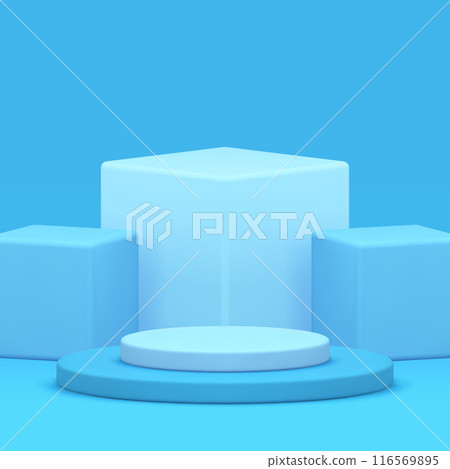 Blue 3d podium cylinder pedestal mock up for cosmetic product show realistic vector illustration 116569895