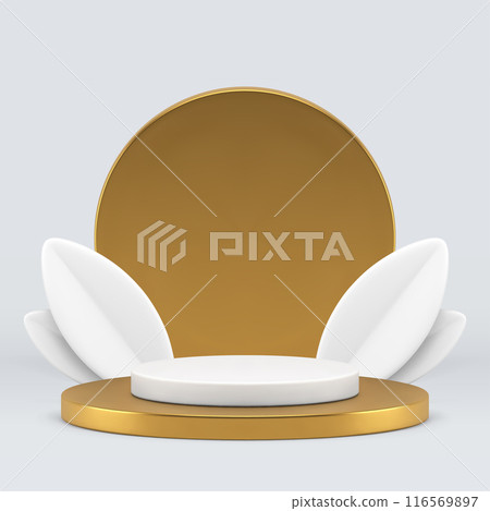 3d golden cylinder podium with white leaves for product advertising realistic vector illustration 3d golden cylinder podium with white leaves for product advertising realistic vector illustration 116569897