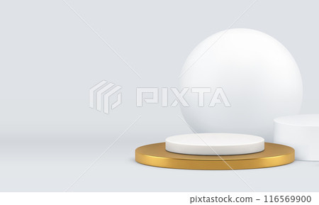 Luxury 3d showroom space golden podium with white sphere background realistic vector Luxury 3d showroom space golden podium with white sphere background realistic vector 116569900