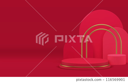 Red 3d showroom luxury geometric podium with golden arch for fashion product show realistic vector Red 3d showroom luxury geometric podium with golden arch for fashion product show realistic vector 116569901