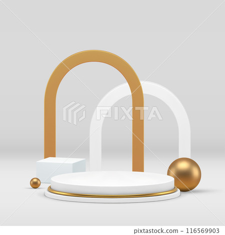 White luxury 3d podium pedestal with golden arch and sphere cube background realistic vector White luxury 3d podium pedestal with golden arch and sphere cube background realistic vector 116569903