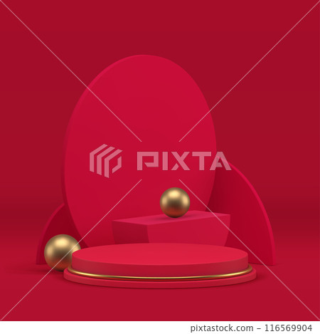 Luxury geometric 3d showcase red podium for product show presentation realistic vector Luxury geometric 3d showcase red podium for product show presentation realistic vector 116569904