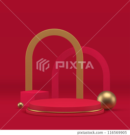 Red luxury 3d podium with golden arch background for product show realistic vector illustration Red luxury 3d podium with golden arch background for product show realistic vector illustration 116569905