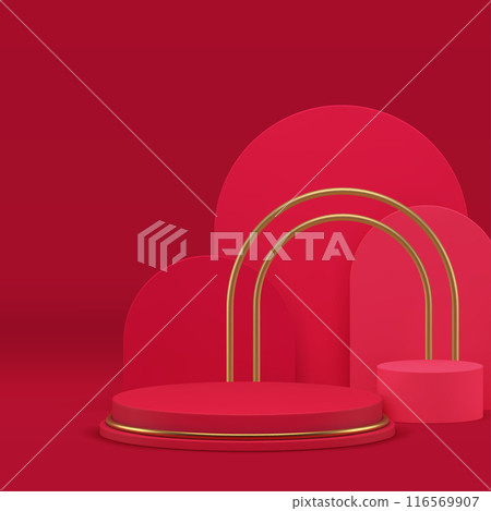 Red showcase 3d podium with golden decor for luxury product presentation realistic vector 116569907