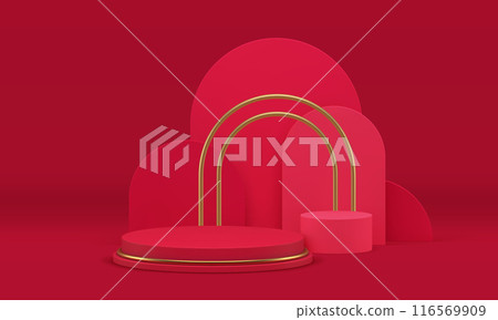 3d red luxury podium pedestal geometric showroom space interior realistic vector illustration 116569909