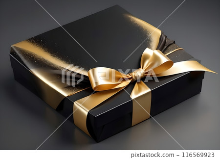 Black gift boxes with gold ribbon, Black Friday concept. 116569923
