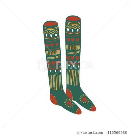 Fairy woolen patterned socks, cozy autumn or Xmas concept. Christmas stocking. Funny warm cotton socks with lines and hearts, vector illustration Fairy woolen patterned socks, cozy autumn or Xmas concept. Christmas stocking. Funny warm cotton socks with lines and hearts, vector illustration 116569988