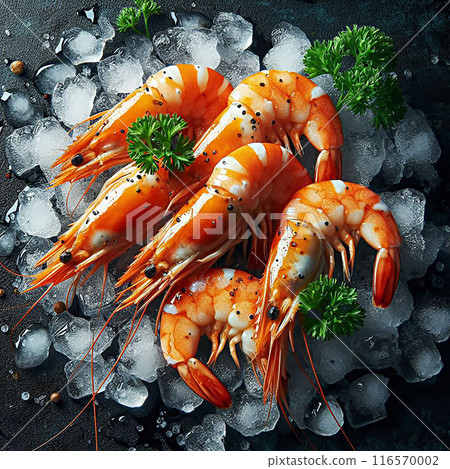Fresh Shrimp on Ice with Herbs - Seafood Delicacy. Close-up of fresh shrimp on ice garnished with parsley, capturing the essence of gourmet seafood. 116570002